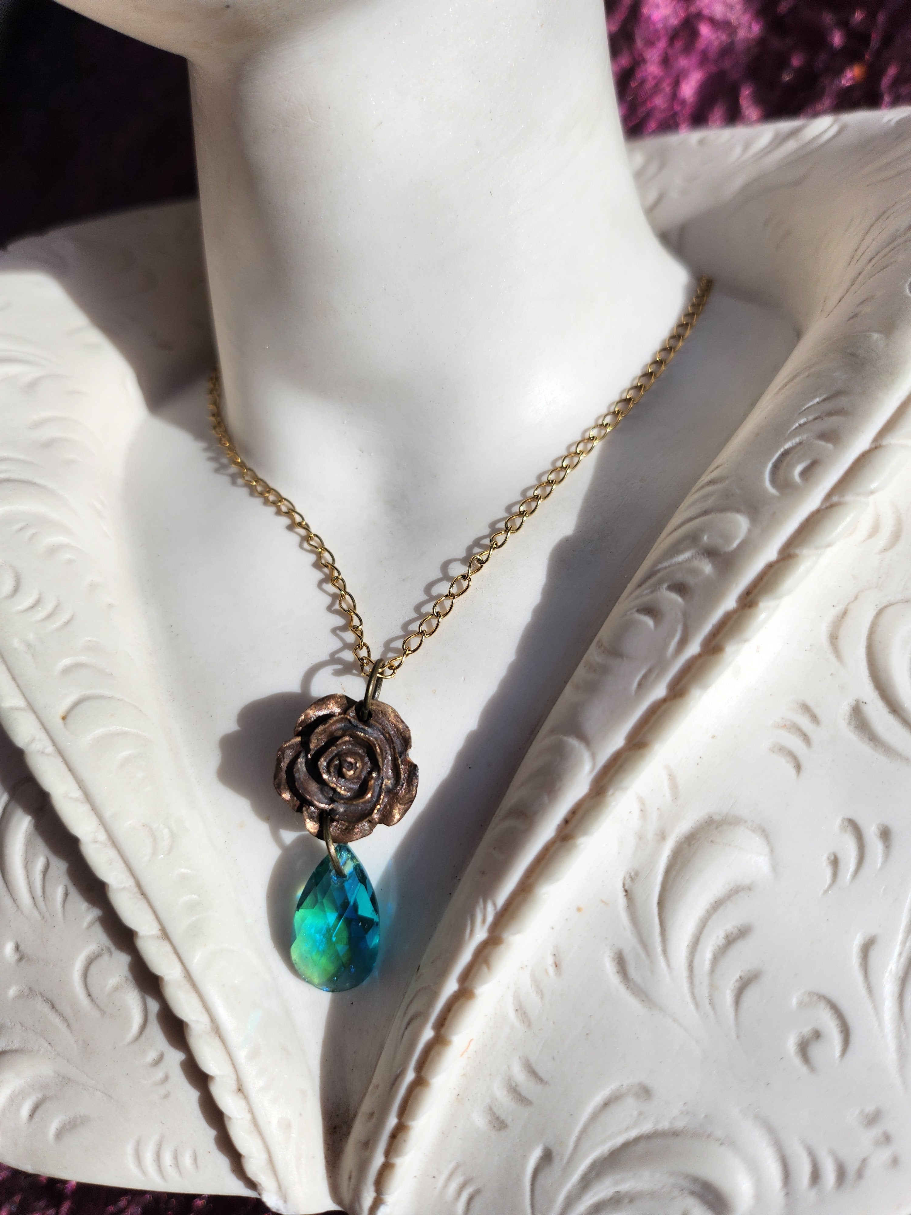 Rosarium Collection Collection - Handmade Bronze Rose Pendant Emerald Blue Crystal