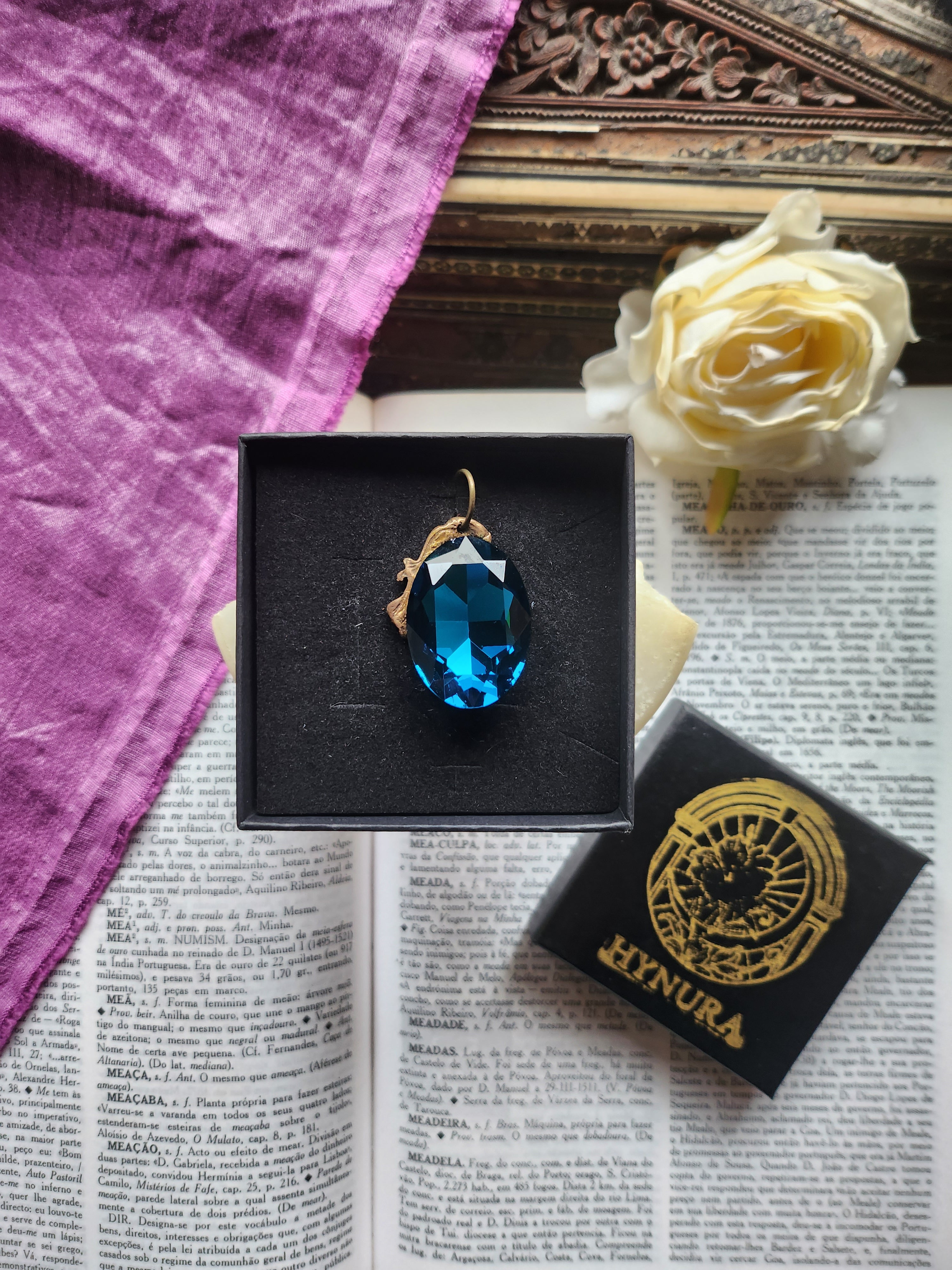 Mystic Baroque Collection - Handmade Bronze Pendant with Deep Blue Oval Crystal