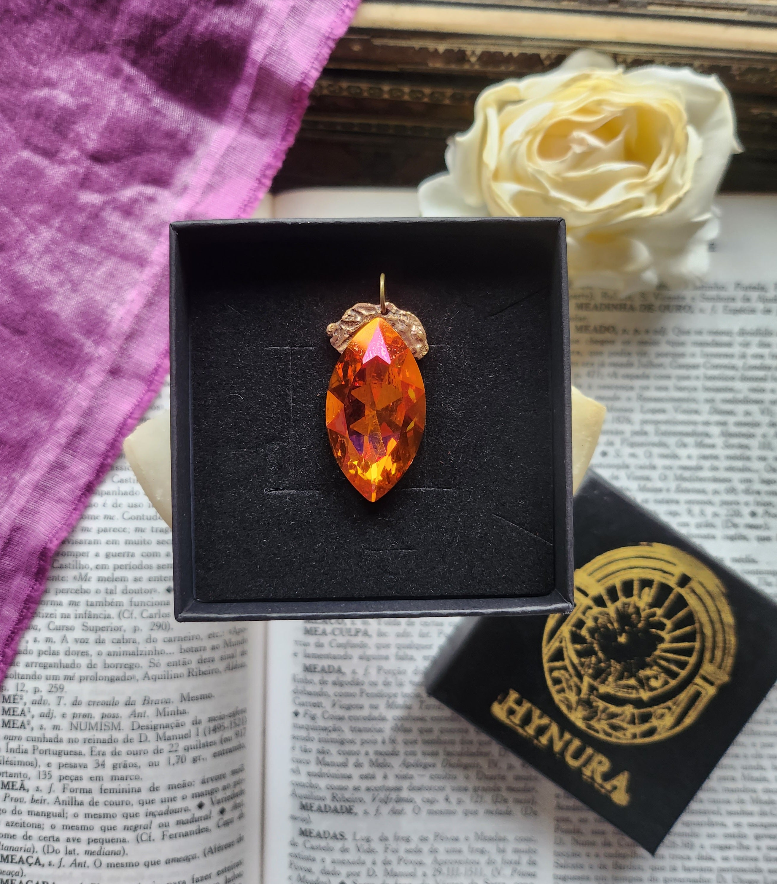 Mystic Baroque Collection - Handmade Bronze Pendant with Fire Opal Crystal Navette