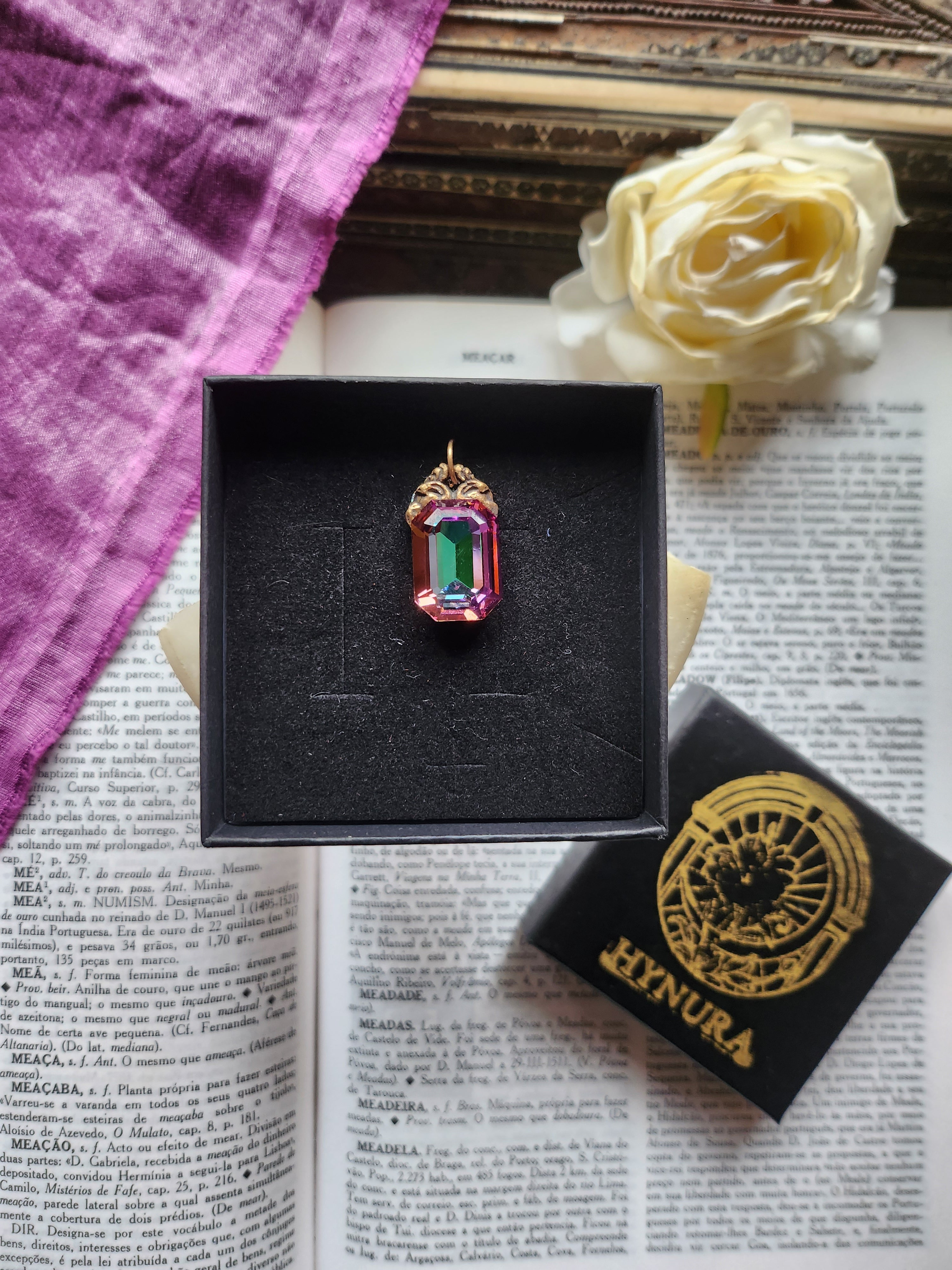 Arcane Resonance Collection – Handmade Bronze Pendant with Multicolor Octagon Crystal