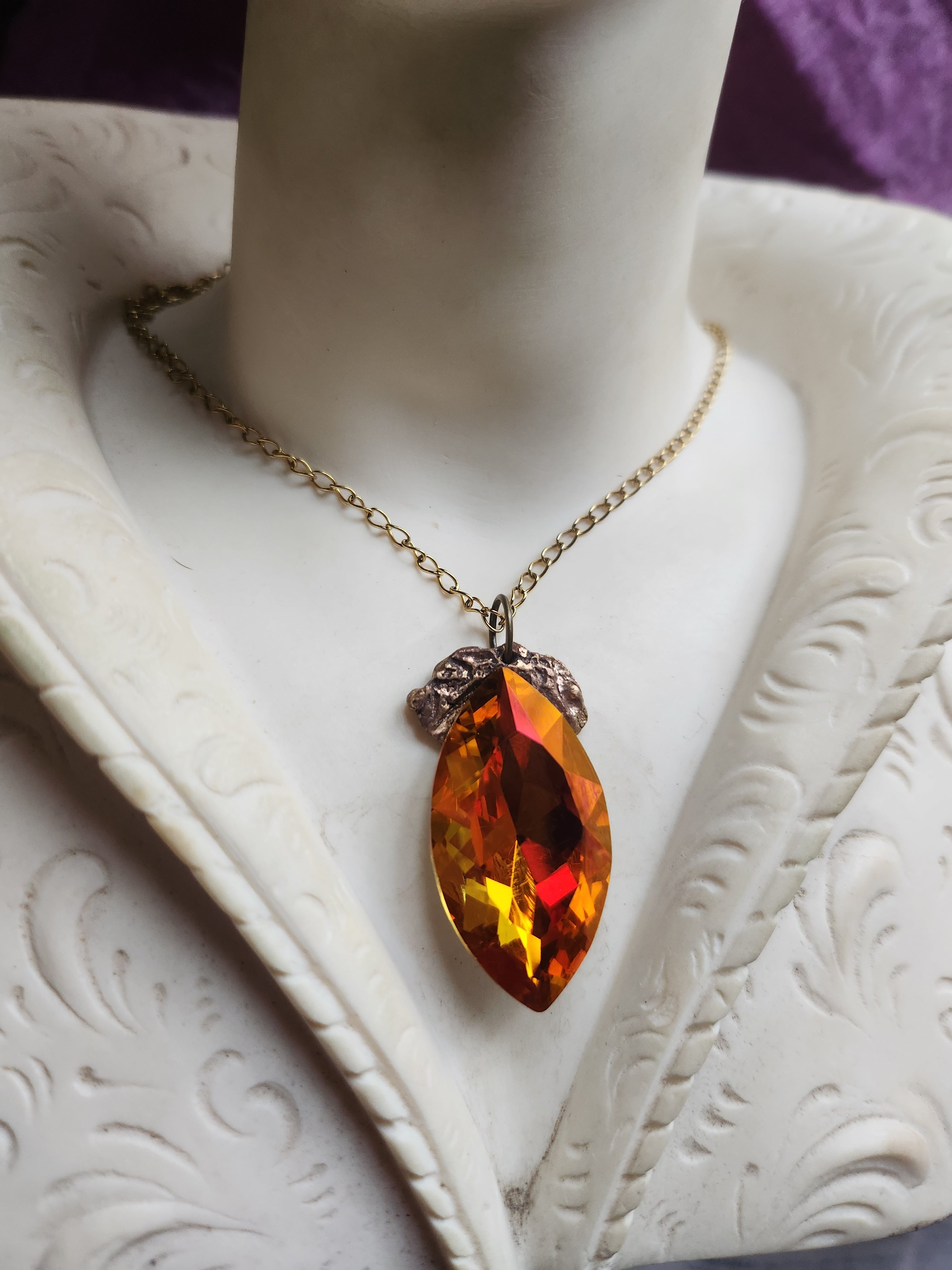 Mystic Baroque Collection - Handmade Bronze Pendant with Fire Opal Crystal Navette