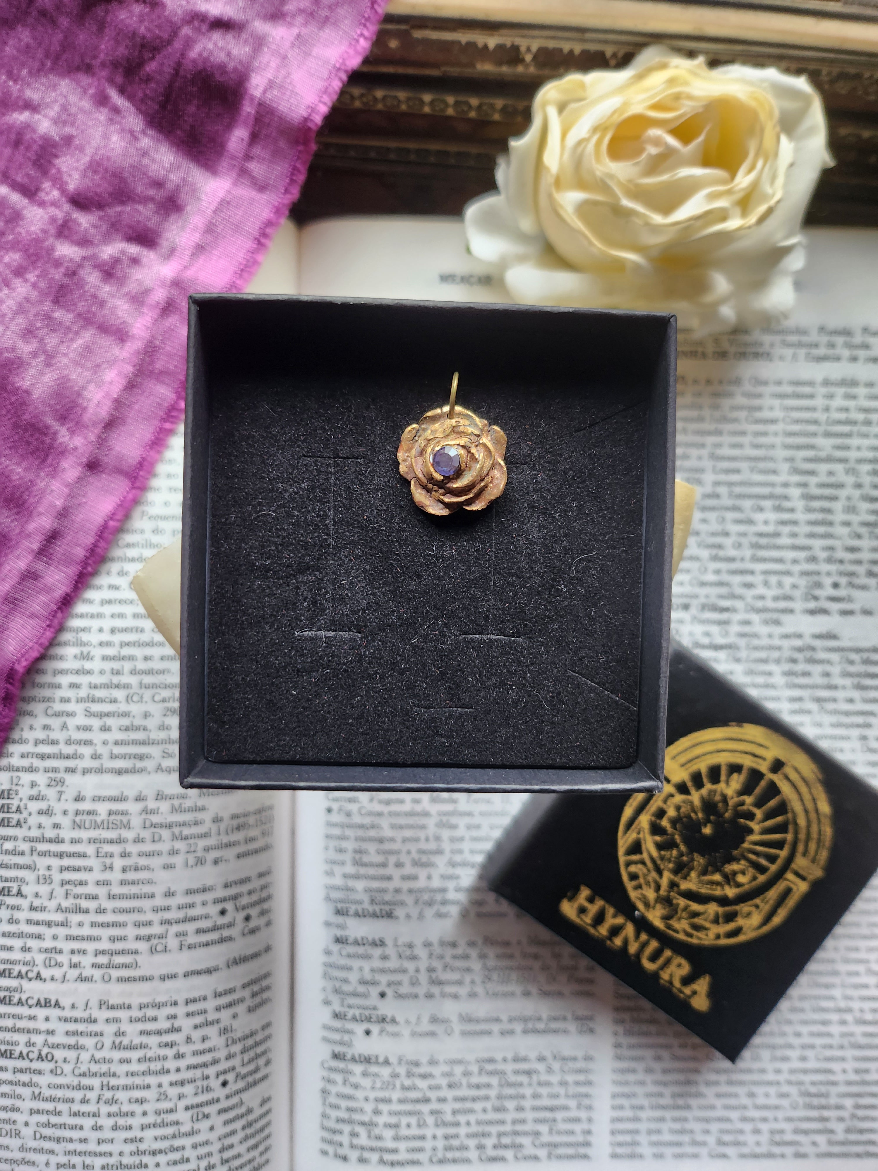 Rosarium Collection- Handmade Bronze Rose Pendant with Tanzanite Crystal