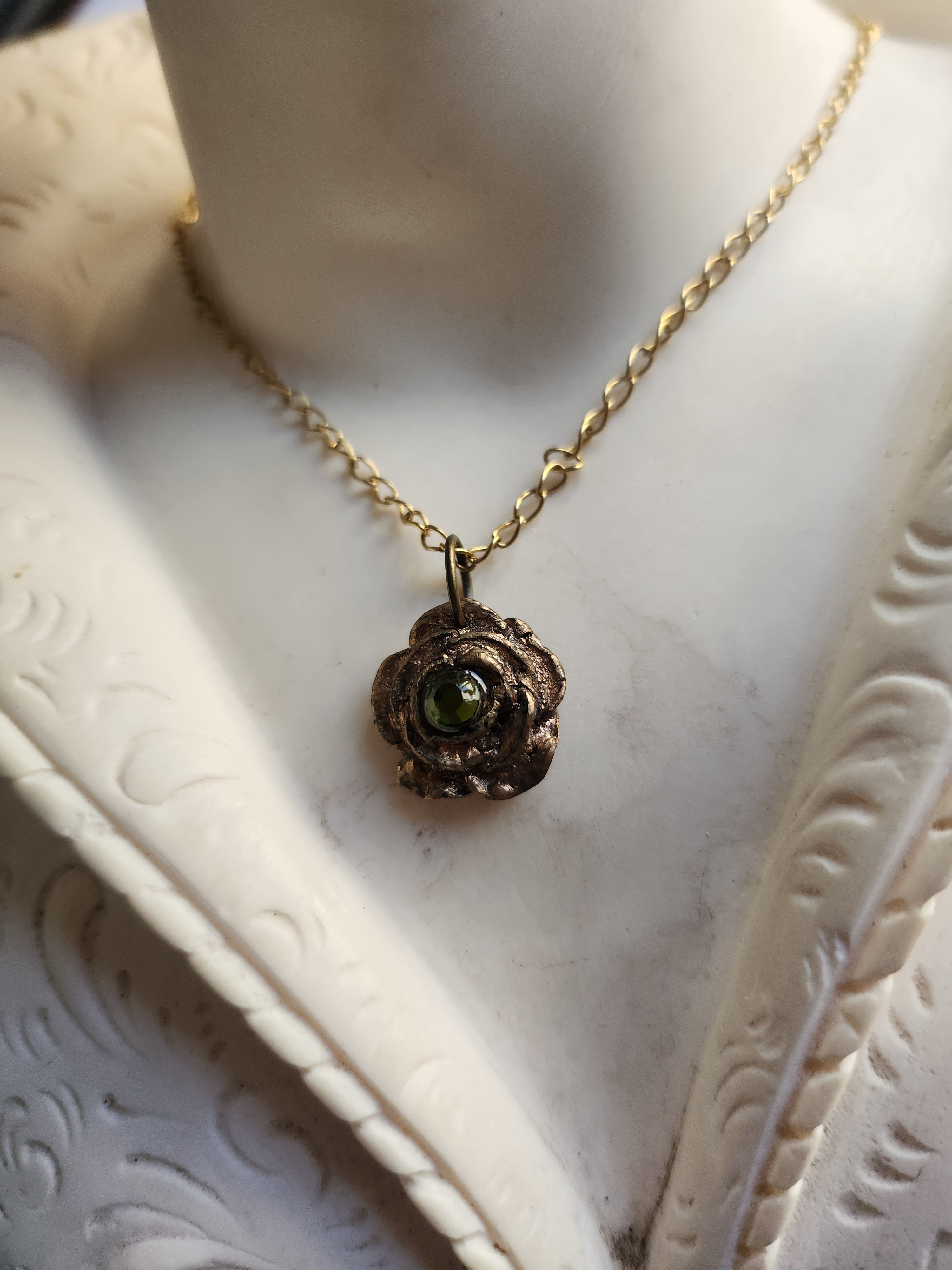 Rosarium Collection - Handmade Bronze Rose Pendant with Green Crystal