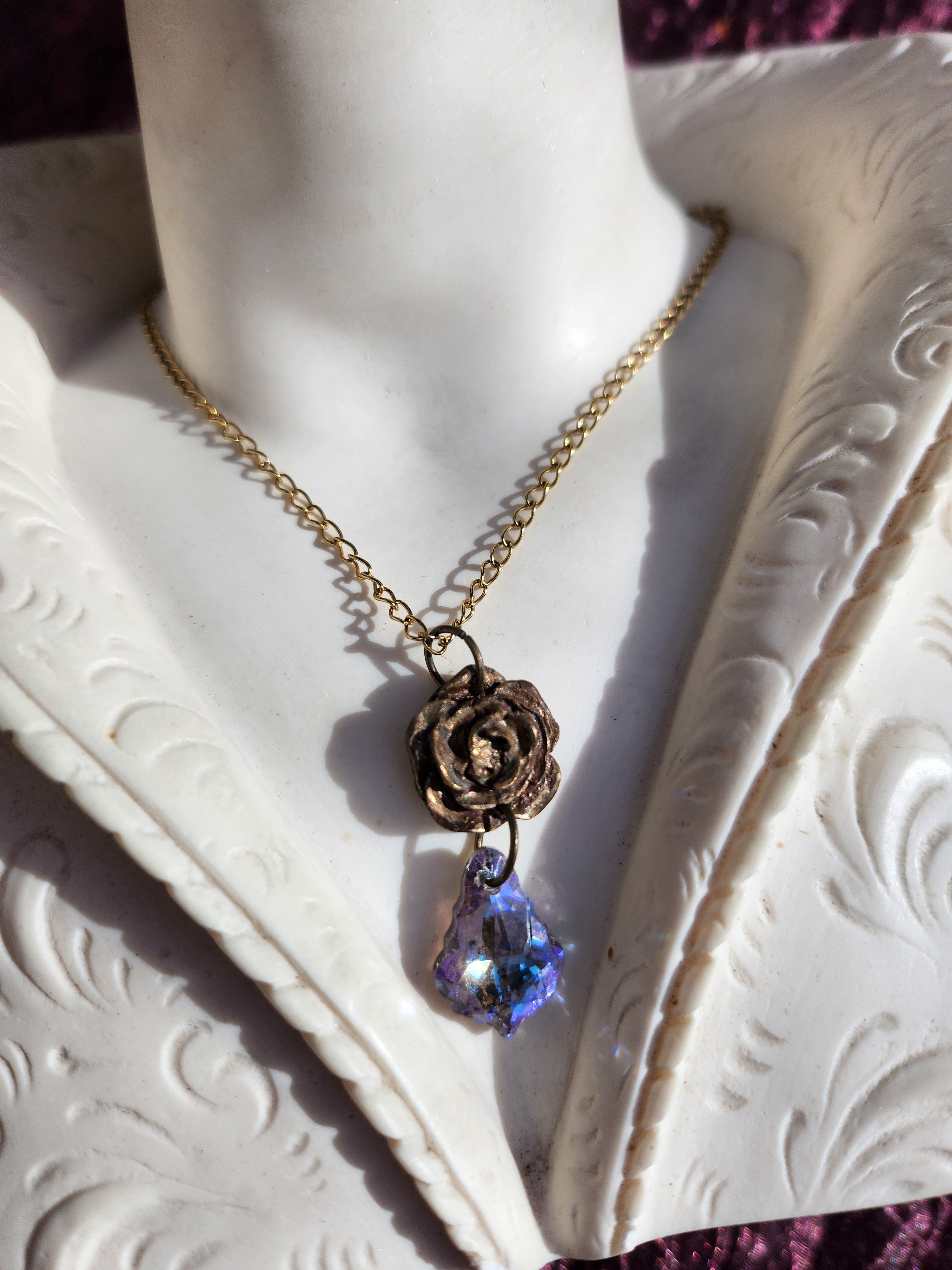 Rosarium Collection Collection - Handmade Bronze Rose Pendant with Lilac Crystal