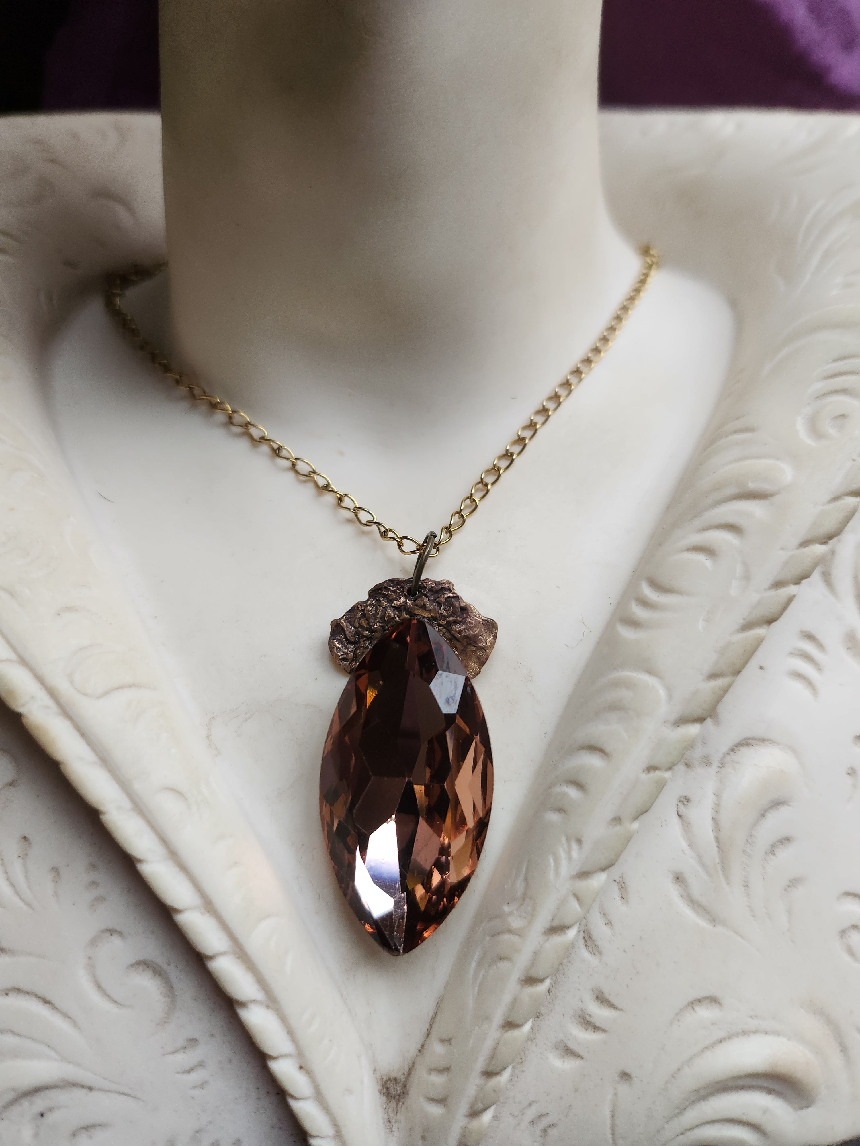 Mystic Baroque Collection - Handmade Bronze Pendant with Light Brown Crystal Navette