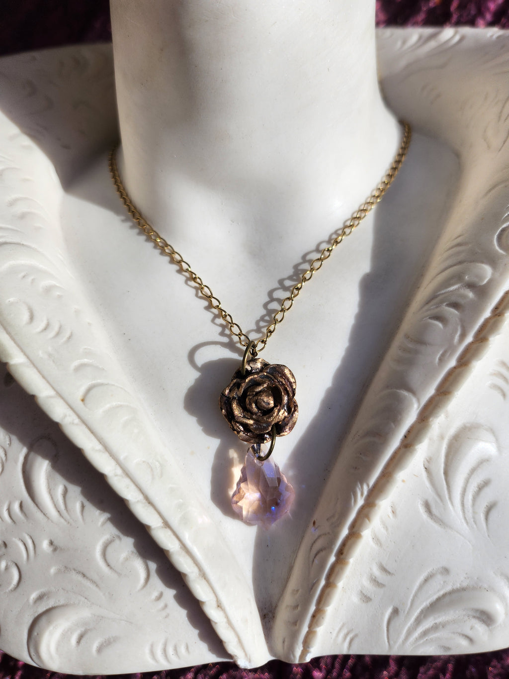 Rosarium Collection Collection - Handmade Bronze Rose Pendant with Pink Crystal