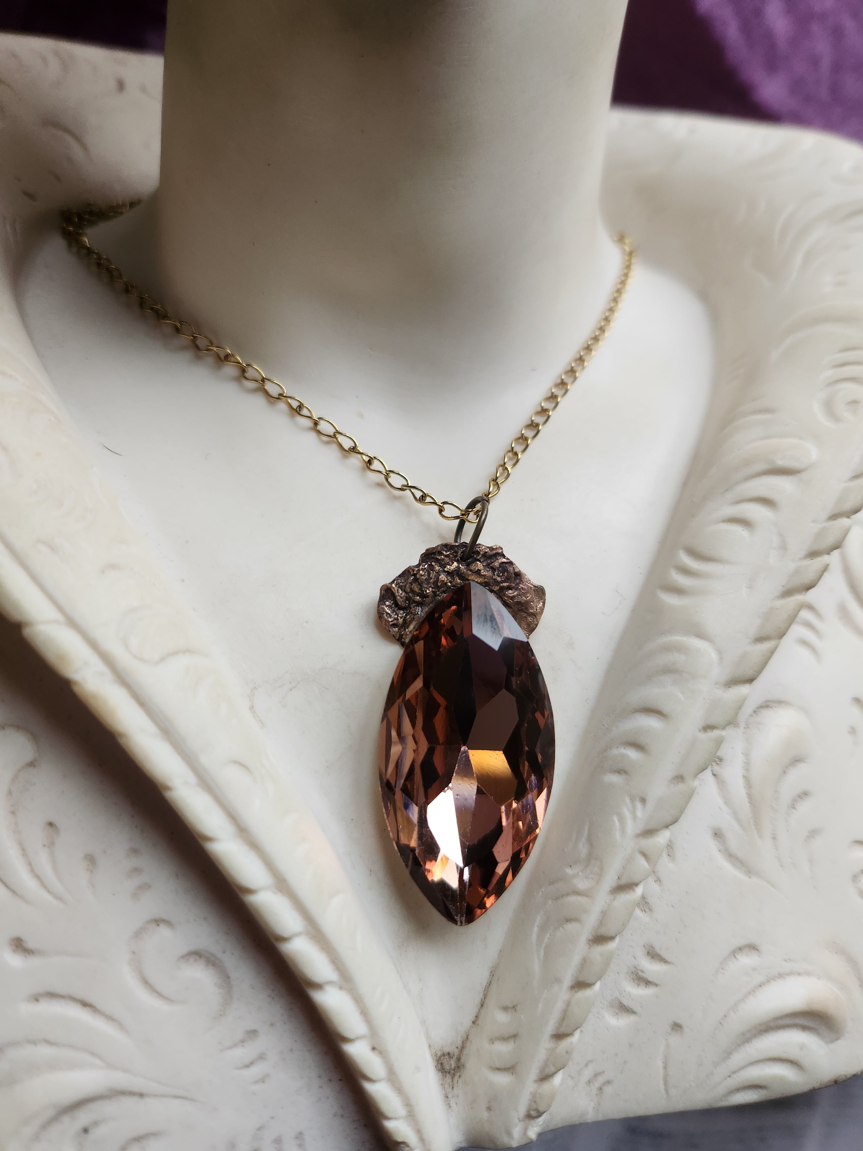 Mystic Baroque Collection - Handmade Bronze Pendant with Light Brown Crystal Navette