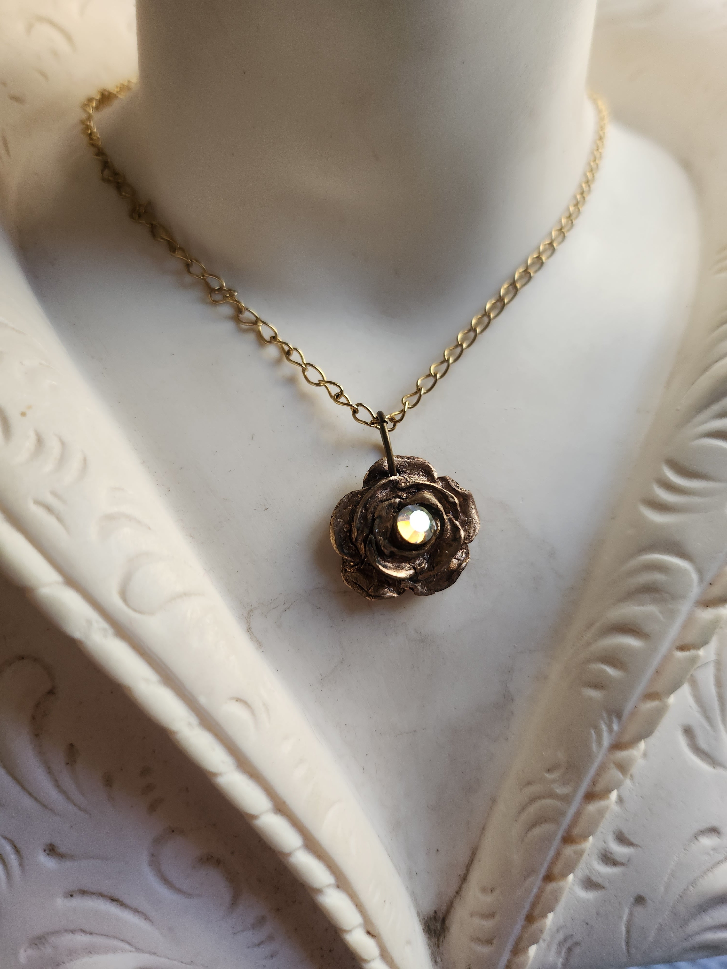 Rosarium Collection- Handmade Bronze Rose Pendant with Yellow Opal Crystal