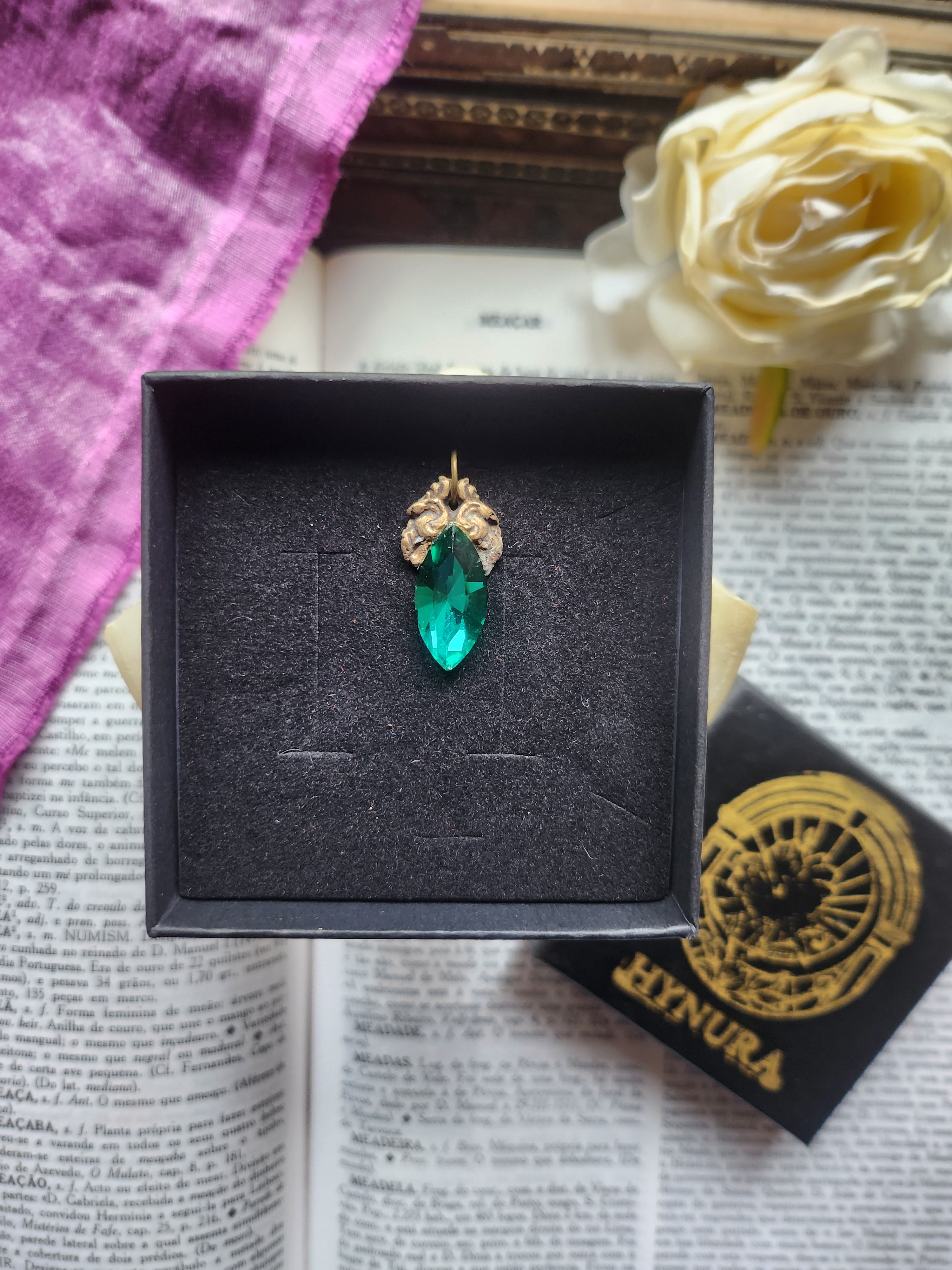 Arcane Resonance Collection – Handmade Bronze Pendant with Emerald Green Navette Crystal