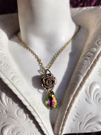 Rosarium Collection Collection - Handmade Bronze Rose Pendant with Green and Pink Crystal