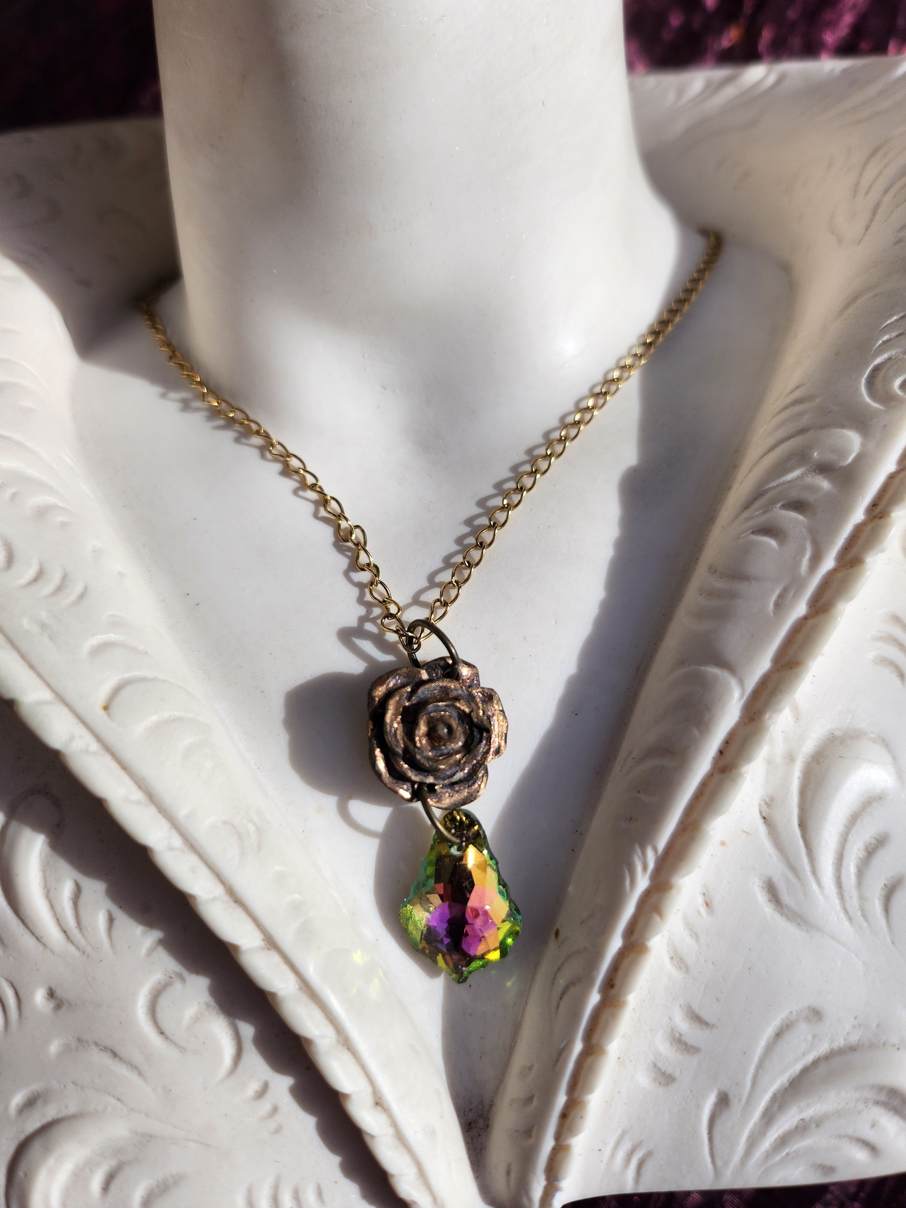 Rosarium Collection Collection - Handmade Bronze Rose Pendant with Green and Pink Crystal