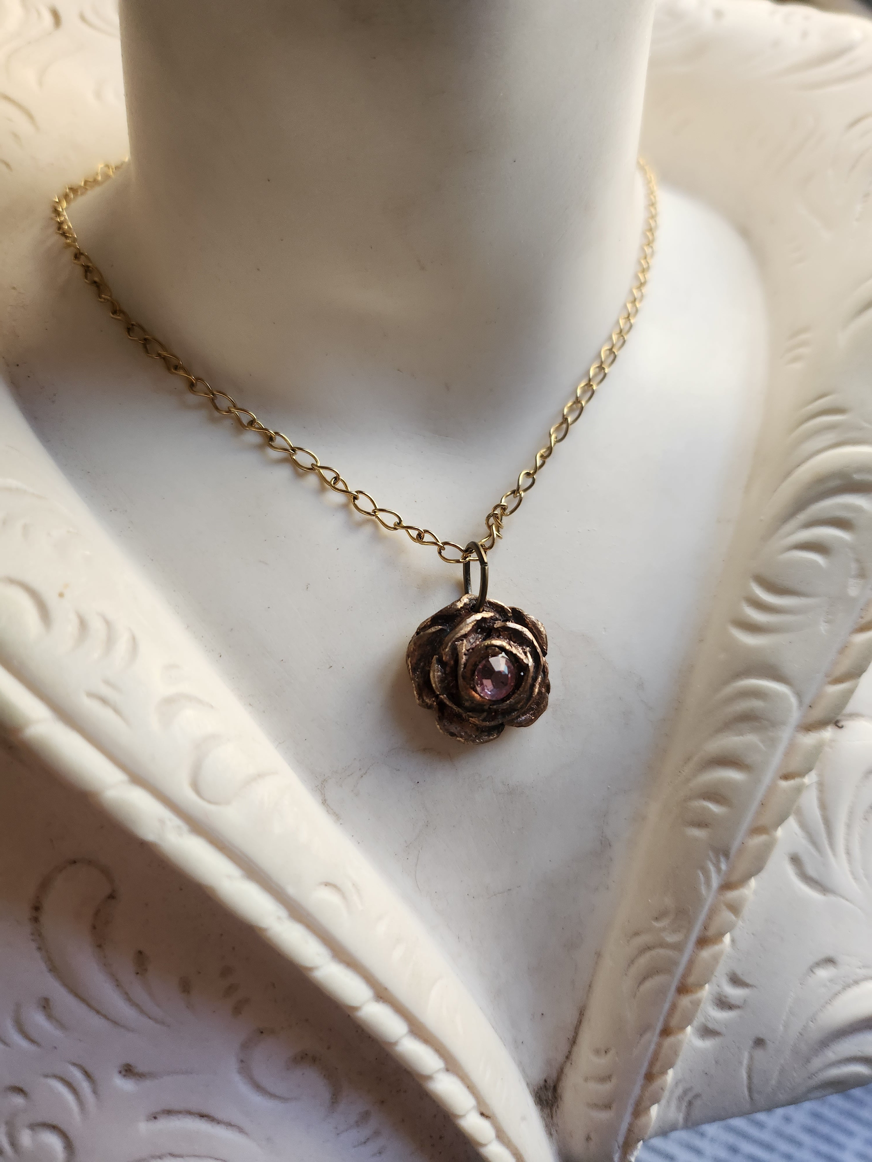 Rosarium Collection- Handmade Bronze Rose Pendant with Light Pink Crystal